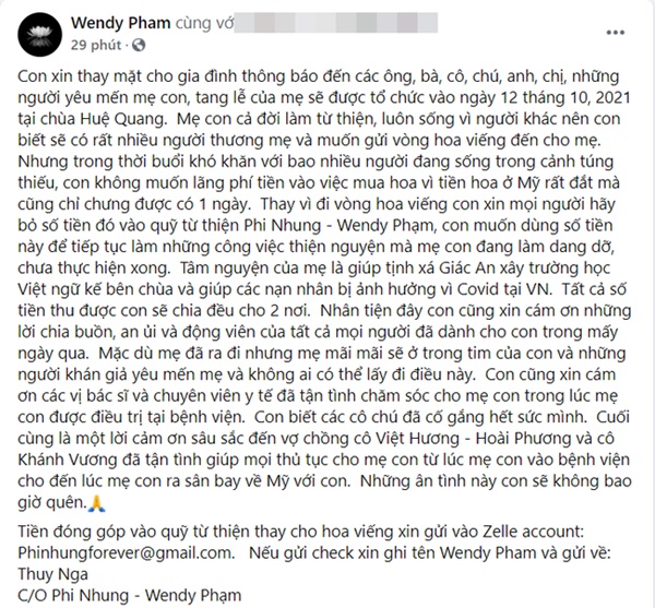 Thông tin chính thức về tang lễ và cáo phó của Phi Nhung-1
