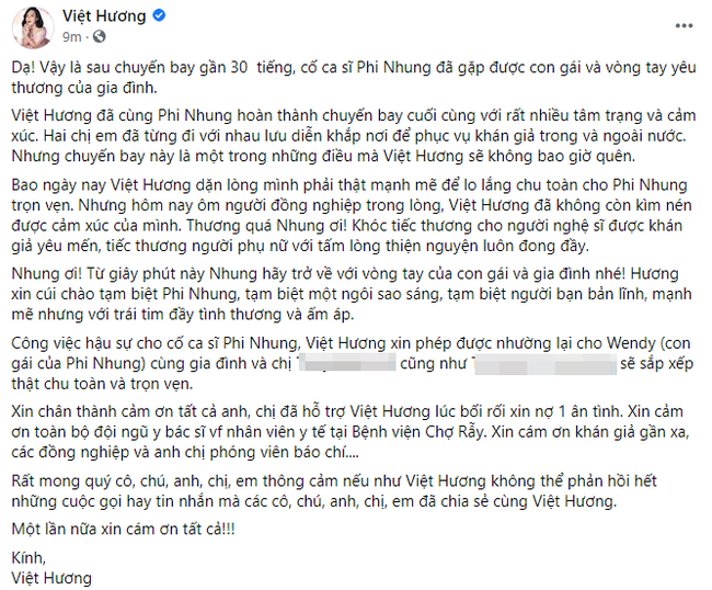 Việt Hương có chia sẻ đầu tiên sau gần 30 tiếng ôm tro cốt cố ca sĩ Phi Nhung về Mỹ-1