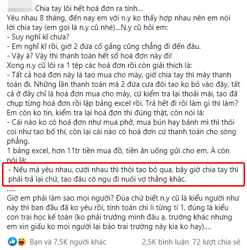 Nói lời chia tay, cô gái bất ngờ nhận cả sấp hóa đơn tình phí” kèm bảng excel thống kê từ bạn trai: Trả hết đi rồi làm gì thì làm?”-1