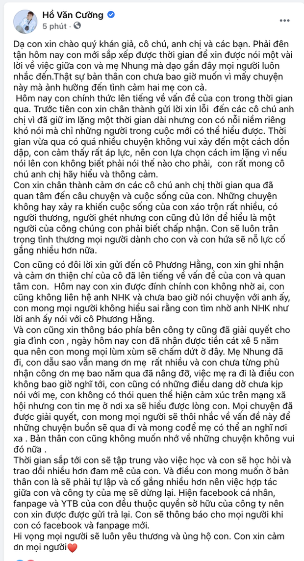 Hồ Văn Cường lên tiếng xin lỗi, làm rõ mối quan hệ với bà Phương Hằng và Cậu IT Nhâm Hoàng Khang-1