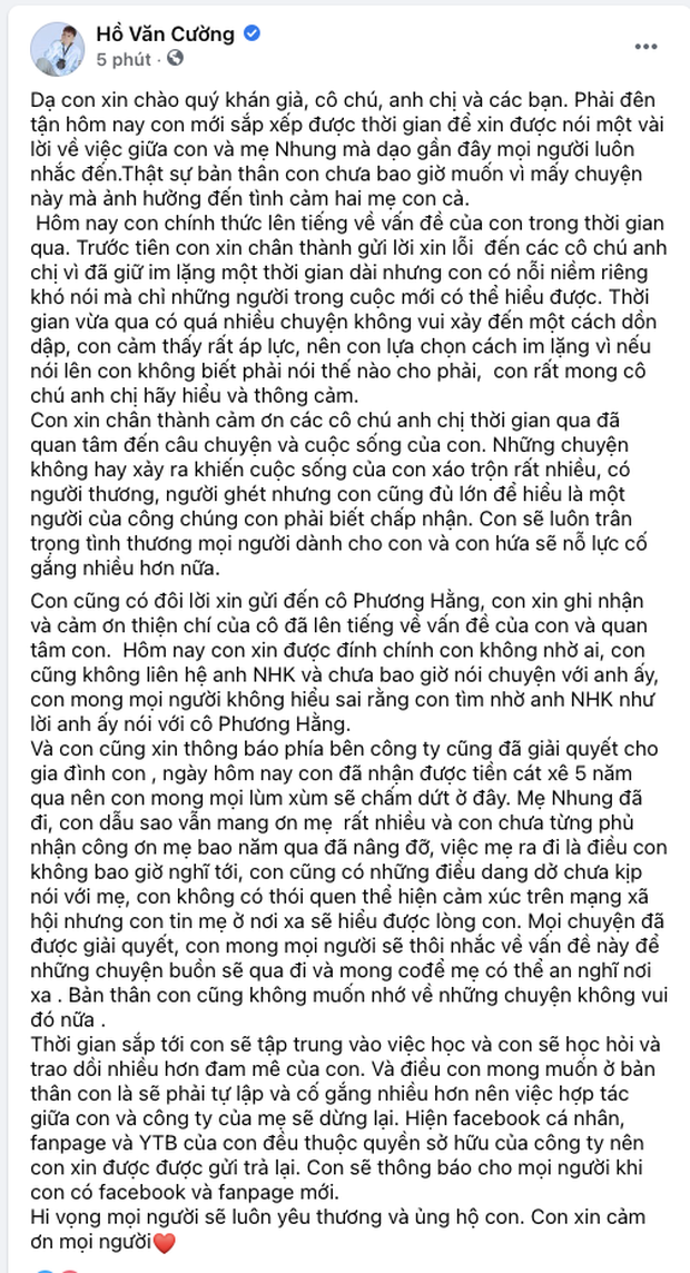 Hồ Văn Cường chính thức dừng hợp tác với công ty Phi Nhung, thông báo hoàn trả lại Fanpage và kênh YouTube-1