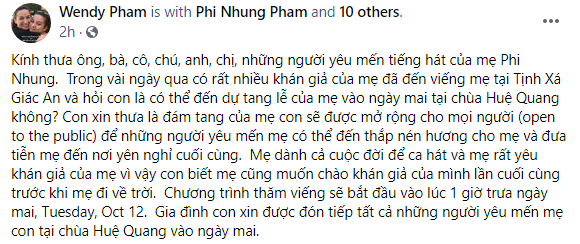Con gái Phi Nhung chia sẻ về tang lễ của mẹ được tổ chức vào ngày mai tại Mỹ-1