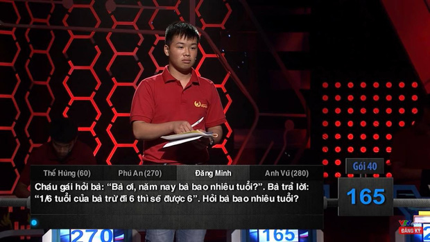 Bài toán Olympia tưởng cho tiểu học nhưng lắt léo đủ đường: 1/6 tuổi bà trừ 6 thì sẽ được 6. Hỏi bà bao nhiêu tuổi?-1