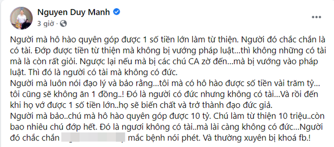 Duy Mạnh: Ăn&nbsp;được tiền từ thiện mà không vướng pháp luật thì không những có tài mà còn giỏi-1