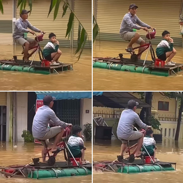 Cái khó ló cái khôn: Người đàn ông chế xe lội nước, thong thả đưa con đi dạo trong mùa lũ-1