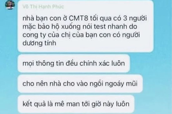 Công an vào cuộc làm rõ tin nhắn 'được 3 người mặc đồ bảo hộ test Covid-19 xong mê man, mất sạch'
