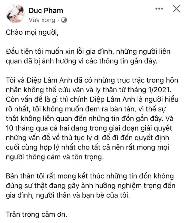 Netizen thổi bùng tranh cãi, chỉ trích chồng Diệp Lâm Anh chuyện xác nhận ly thân vì 1 lý do?-1