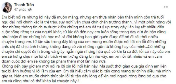 Đến lượt Thanh Trần lên tiếng xin lỗi về drama trà xanh, cho rằng mình trẻ tuổi non dại và mong tha thứ-1