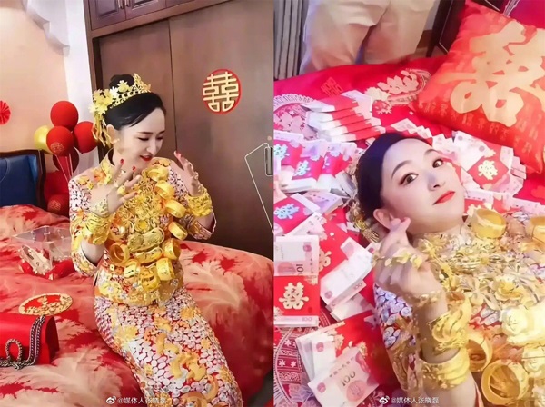 Cô dâu đeo 10kg vàng, nằm trên đống của hồi môn tiền tỷ khiến dân mạng choáng váng-1