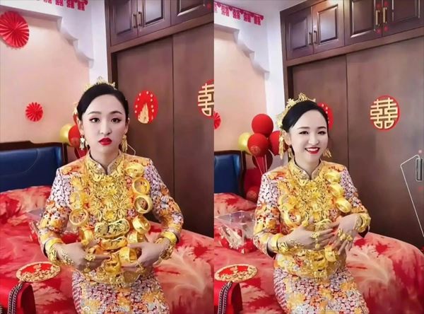 Cô dâu đeo 10kg vàng, nằm trên đống của hồi môn tiền tỷ khiến dân mạng choáng váng-2