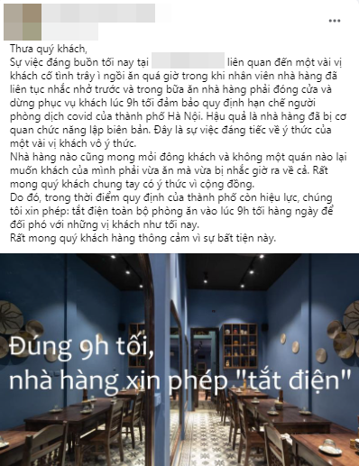 Hà Nội: Nhà hàng xin lỗi vì cãi nhau tay đôi với khách ngồi ăn quá giờ-1