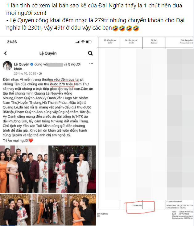 Lệ Quyên bỗng bị nghi ăn chặn tiền từ thiện, lộ ảnh sao kê thực tế gửi tiền quyên góp ít hơn đã thông báo?-1
