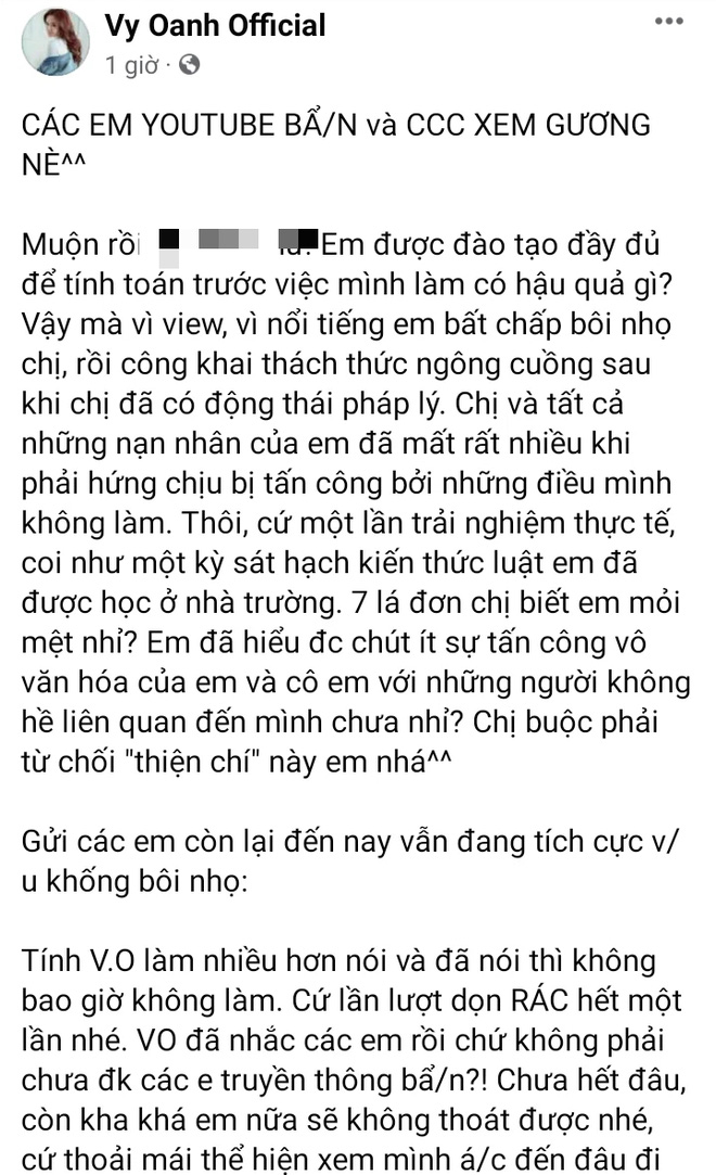 Antifan liên hệ xin lỗi, Vy Oanh gay gắt tuyên bố: Chưa hết đâu, còn kha khá em nữa sẽ không thoát được nhé-1