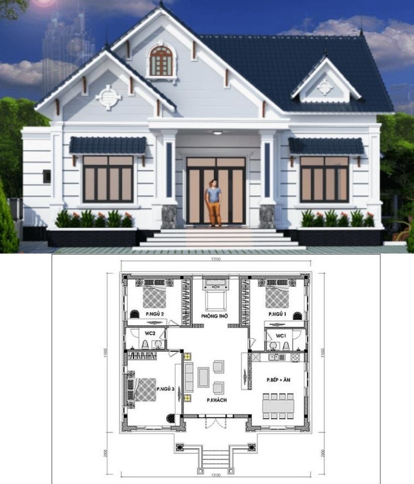 Nhà mái thái 1 tầng 3 phòng ngủ tiện nghi cho nhà đông người được xây nhiều-1