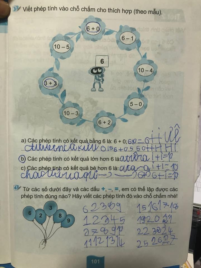 Cô giáo yêu cầu viết các phép tính có kết quả bằng 6, học sinh lớp 1 làm bài xong cô cười muốn ngã quỵ-1