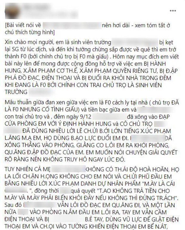 Nữ sinh F0 ở TP.HCM bức xúc kể lại toàn bộ câu chuyện bị mẹ con chủ trọ hành hung, đuổi đi giữa đêm dù đang sốt cao-1