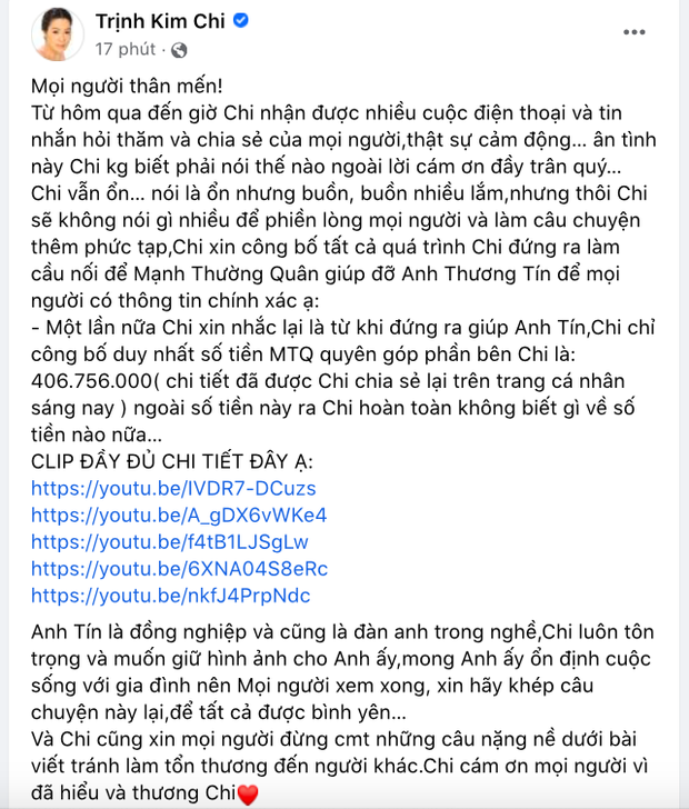 Trịnh Kim Chi lên tiếng sau khi bị Thương Tín quay xe, chính thức làm rõ khoản tiền 400 triệu kêu gọi!-1