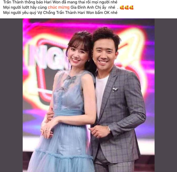 Rộ tin Trấn Thành đích thân xác nhận Hari Won đang mang thai, dân tình ùa vào chúc mừng vợ chồng là sao đây?-1