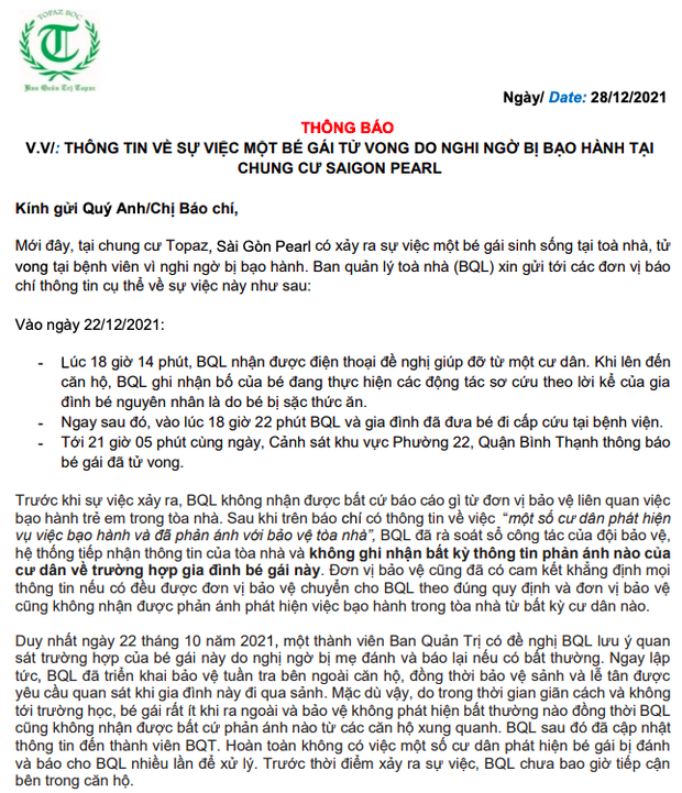 BQL chung cư Saigon Pearl chính thức lên tiếng vụ bé gái 8 tuổi tử vong: Bảo vệ không phát hiện bất thường, không nhận được phản ánh nào-1