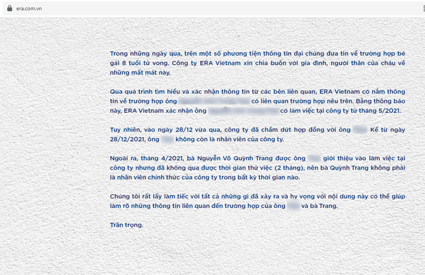 Công ty ERA thông báo chấm dứt hợp đồng với cha ruột bé gái bị bạo hành, dì ghẻ từng được giới thiệu vào làm nhưng không qua 2 tháng thử việc-2