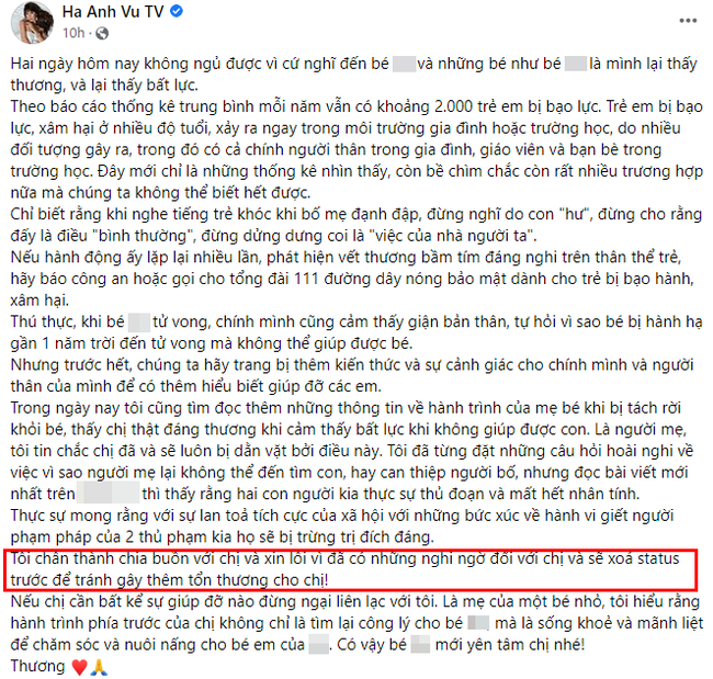 Sau hàng loạt chỉ trích, Hà Anh lên tiếng xin lỗi mẹ ruột bé gái 8 tuổi nghi bị bạo hành đến tử vong-1