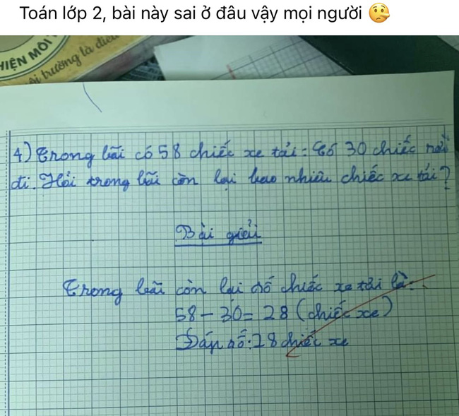 Trong bãi có 58 chiếc xe tải, 30 chiếc rời đi, hỏi còn lại bao nhiêu? Học sinh trả lời 28 bị gạch sai, dân tình tranh cãi nảy lửa-1