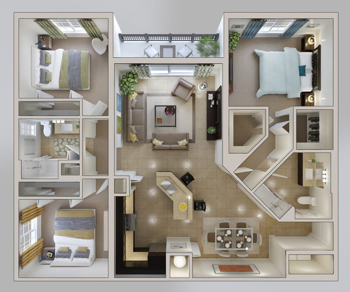 8 mẫu bản vẽ thiết kế căn hộ 3 phòng ngủ siêu thông minh để đáp ứng nhu cầu sinh hoạt của gia đình nhiều thế hệ-7