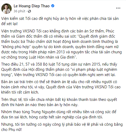 Bà Lê Hoàng Diệp Thảo lên tiếng về đề nghị hủy án ly hôn với vua cà phê Đặng Lê Nguyên Vũ, đề cập đến nhóm thao túng Trung Nguyên-2