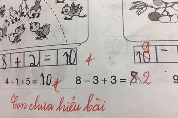Phép tính 8-3+3= 8 bị cô giáo chấm sai kèm lời phê Chưa hiểu bài, xem mãi vẫn không hiểu sai chỗ nào: Đáp án đúng gây ngỡ ngàng-1