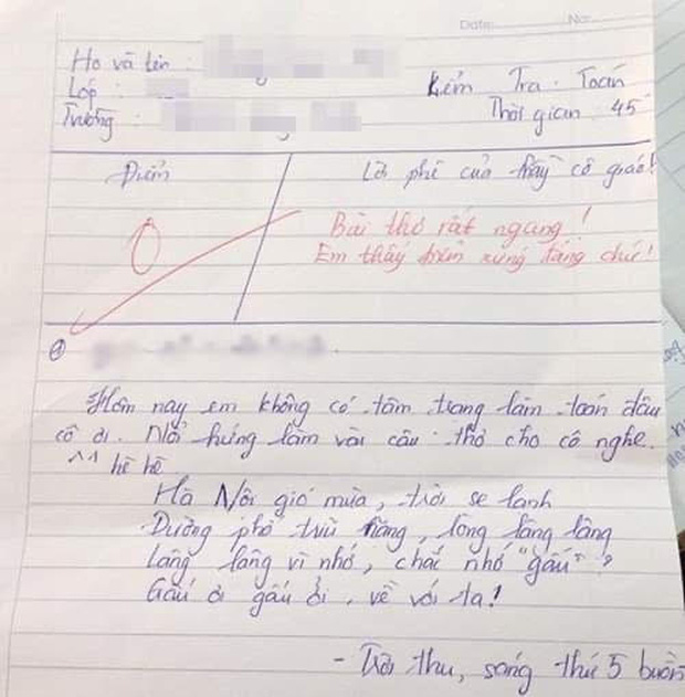 Nổi hứng làm thơ trong giờ Toán, nam sinh bị cô chấm 0 điểm rồi nhận xét 1 câu quá phũ phàng-1