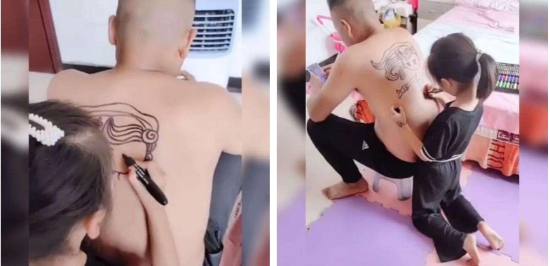 Bố ngồi im cho con gái vẽ nguệch ngoạc trên lưng, sau một hồi nhìn lại bức tranh mới bất ngờ: Quá tài năng!-1