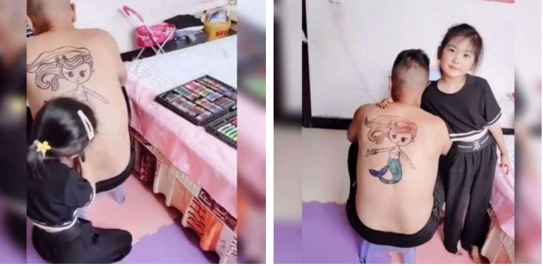 Bố ngồi im cho con gái vẽ nguệch ngoạc trên lưng, sau một hồi nhìn lại bức tranh mới bất ngờ: Quá tài năng!-2