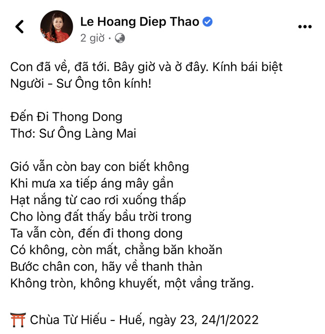 Bà Lê Hoàng Diệp Thảo xúc độn bay thẳng đi Huế dự tâm tang Thiền sư Thích Nhất Hạnh-1