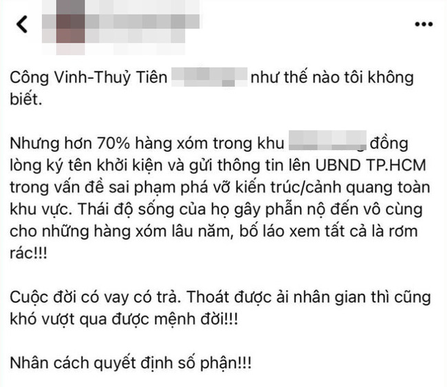 Nóng: Thủy Tiên - Công Vinh bị nhiều hàng xóm đòi khởi kiện, tố cáo thái độ bố láo với người xung quanh?-1