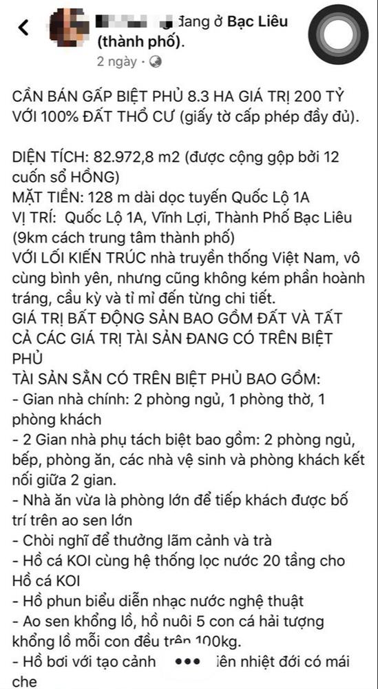 Đại gia Bạc Liêu rao bán gấp biệt phủ 200 tỷ khiến dân mạng sốc tận óc: Rộng 8,3 ha tầm cỡ khu du lịch, lối sống xa hoa không kém gì vua chúa-1