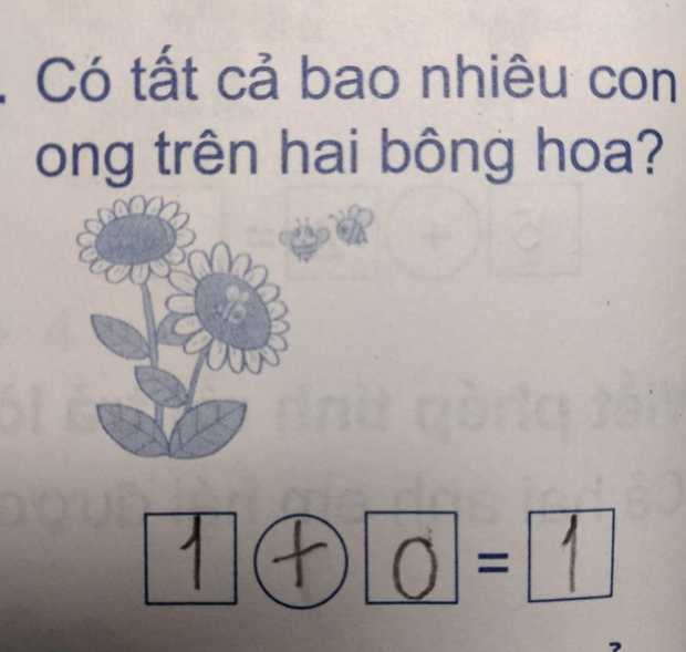 Bài toán 1+0=1 của học sinh lớp 1 bị gạch sai, nhìn vào đề bài ai cũng tới tấp khen ngợi học trò thông minh-1