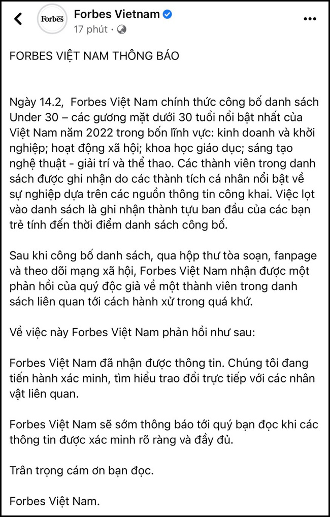 Forbes VietNam lên tiếng về vụ việc người trẻ trong top Under 30 bị tố quấy rối tình dục-1