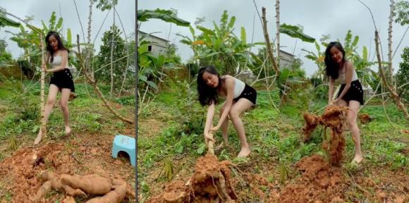 Bà Tưng tiếp tục diện đồ không thể ngắn hơn khi nhổ sắn, cắt chuối, thừa nhận sống ảo nhưng vẫn hút triệu lượt xem-1
