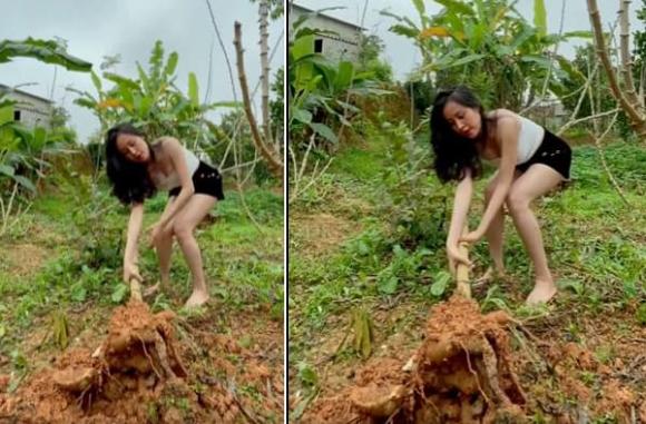 Bà Tưng tiếp tục diện đồ không thể ngắn hơn khi nhổ sắn, cắt chuối, thừa nhận sống ảo nhưng vẫn hút triệu lượt xem-2