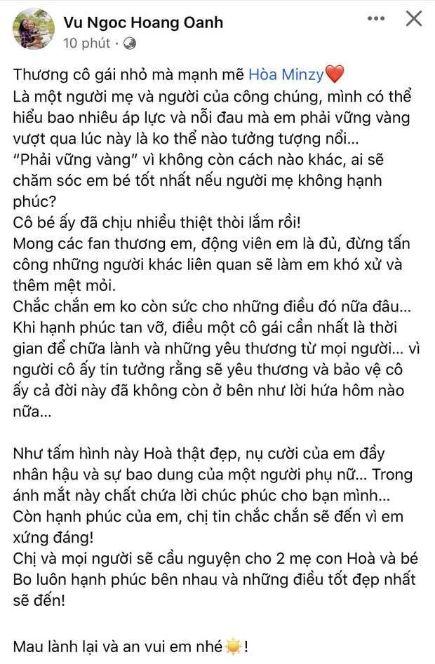 Hoàng Oanh gửi lời động viên đến Hòa Minzy hậu chia tay: Ai sẽ chăm sóc em bé tốt nhất nếu người mẹ không hạnh phúc?-1