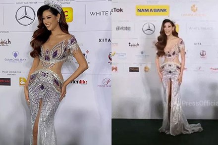 Hoa hậu Khánh Vân diện đầm xẻ 