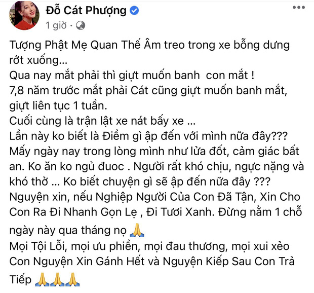 Cát Phượng gây lo lắng khi tiết lộ ngực căng, khó thở, còn nhắc lại vụ tai nạn lật xe khủng khiếp 8 năm trước-1