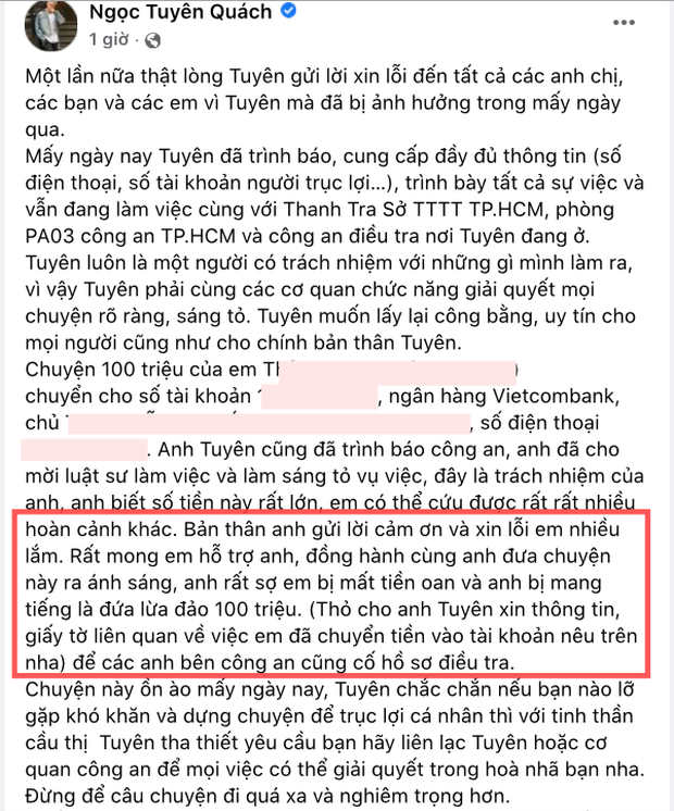 Quách Ngọc Tuyên lên tiếng vụ kêu gọi từ thiện lừa đảo, làm rõ hướng xử lý cho khán giả chuyển 100 triệu đồng-4