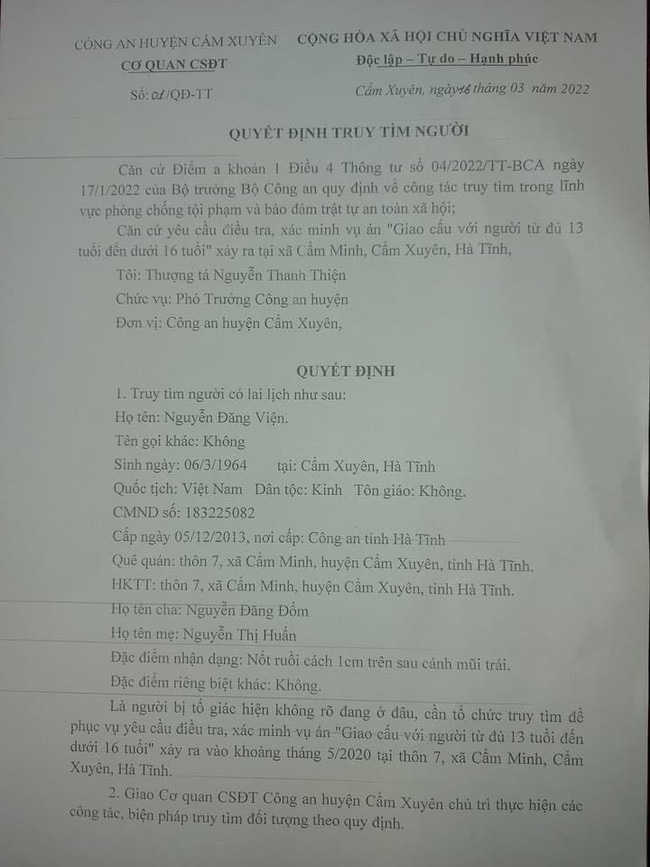 Truy tìm đối tượng nghi giao cấu với bé gái ở Hà Tĩnh rồi bỏ trốn-1