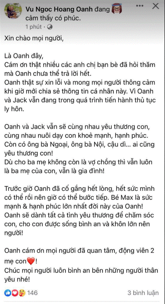 Bất ngờ trước trạng thái cảm xúc của Hoàng Oanh khi tuyến bố ly hôn chồng tây: Cảm thấy có phúc!-1