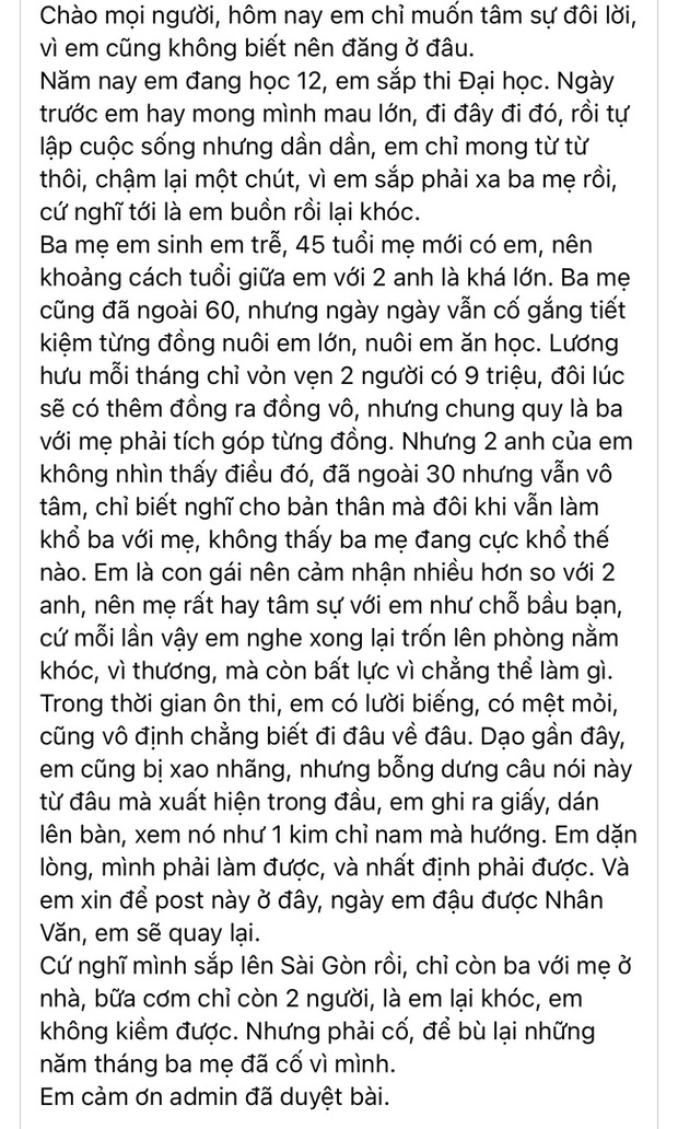 Tâm thư vỏn vẹn 15 chữ của nữ sinh lớp 12 đang GÂY BÃO MXH: Đọc xong nước mắt lăn dài, hãy bên bố mẹ nhiều hơn khi còn có thể!-2