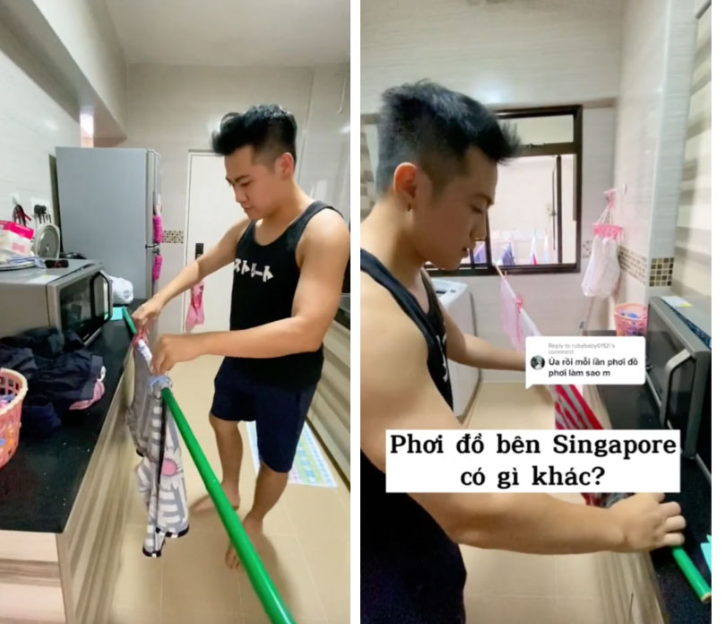 Không dùng móc như ở Việt Nam, ở Singapore có cách phơi đồ tiết kiệm diện tích hơn nhưng nhìn qua hơi yếu tim-2