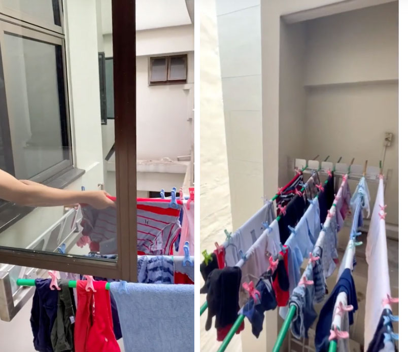 Không dùng móc như ở Việt Nam, ở Singapore có cách phơi đồ tiết kiệm diện tích hơn nhưng nhìn qua hơi yếu tim-3
