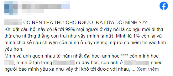 Kể chuyện tha thứ cho bạn trai lừa dối mình suốt 3 năm, cô gái trẻ bị cư dân mạng ào ào dội gáo nước lạnh-1