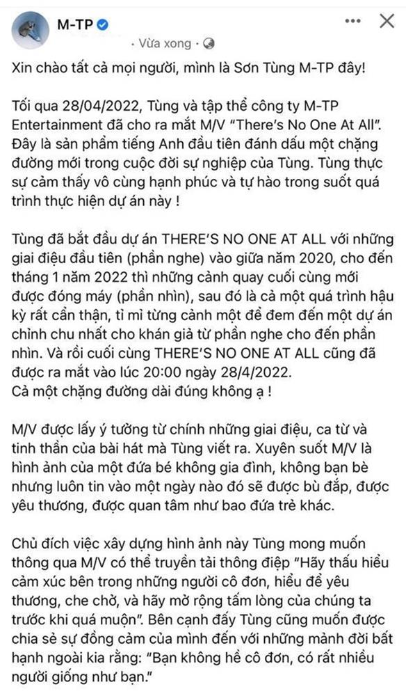 NÓNG: Sơn Tùng lên tiếng xin lỗi, ngưng phát hành MV Theres No One At All!-1